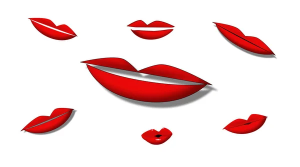白い背景に赤い唇の漫画風のセット — ストック写真