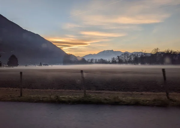 Nebbia Tramonto Ticino Regione Svizzera — Foto Stock