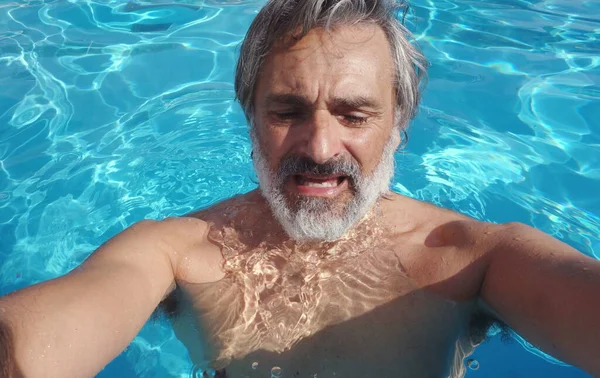 Unhappy Mature Man Swimming Pool — Stock Photo, Image