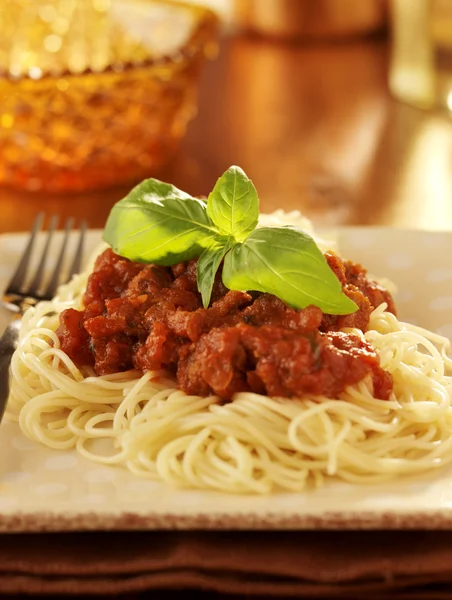 Spaghetti with basil garnish and tomato sauce. — Stock Photo, Image