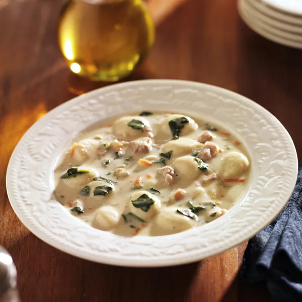 Chicken and gnocchi soup meal — Stock Photo, Image