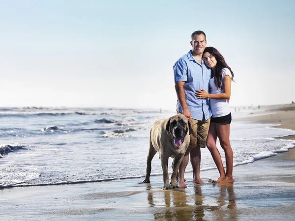 Par med hund poserar på stranden. — Stockfoto