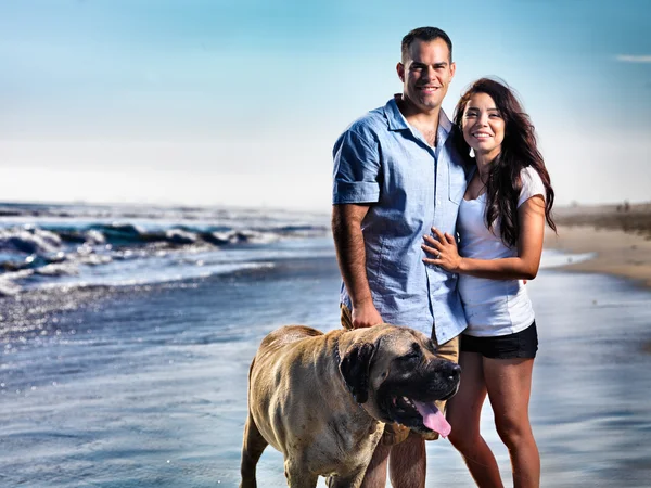 Met huisdier hond die zich voordeed op het strand (echt) paar. — Stockfoto
