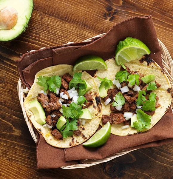 Overhead view of two traditional tacos in a basket. — Stock Photo, Image