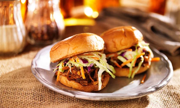 Pulled pork sandwiches with bbq sauce and slaw — Stock Photo, Image