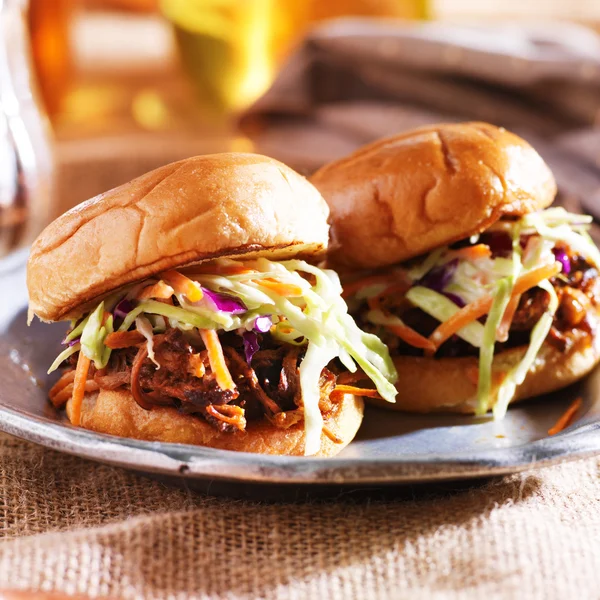 Pulled pork sandwiches with bbq sauce and slaw — Stock Photo, Image