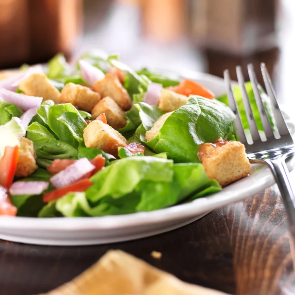 Salade met sla, tomaten en broodkapjes — Stockfoto