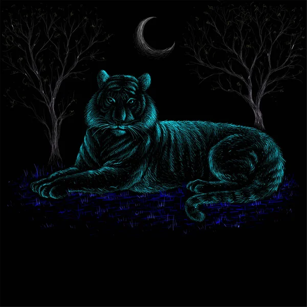 Handgezeichnete Illustration Des Tigers Mit Bäumen Und Mond — Stockvektor