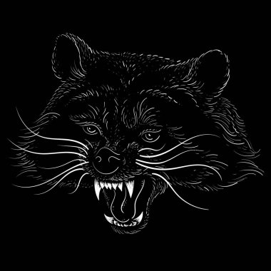 Tişört tasarımı ya da giyimi için Vektör logosu rakunu. Avlanma tarzı rakun geçmişi. Avlanma tarzı sürüngen geçmişi. Bu çizimi siyah kumaş ya da tuval üzerinde yapmak güzel olurdu..