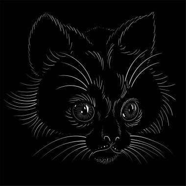 Dövme ya da tişört tasarımı için Vektör logosu. Şirin baskı tarzı kedi arka planı. Bu el çizimini siyah kumaş ya da tuval üzerinde yapmak iyi olurdu.