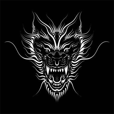 Siyah kumaş üzerinde Vector logo ejderhası ya da dinozor tişört izi tasarımı ya da giysisi için. Avlanma tarzı sürüngen geçmişi. Bu çizimi siyah kumaş ya da tuval üzerinde yapmak güzel olurdu.