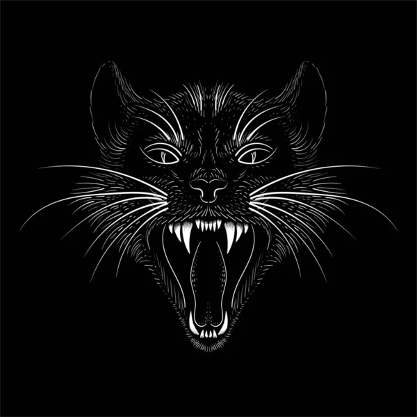 タトゥーやTシャツのデザインや外観のためのベクトルロゴ猫 かわいいプリントスタイルの猫の背景 この手描きは黒の生地やキャンバスで作るのがいいでしょう — ストックベクタ