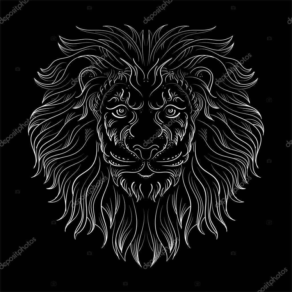 The Vector logo lion for tattoo or T-shirt print design or outwear.  Hunting style lions background. This hand drawing would be nice to make on the black fabric or canvas