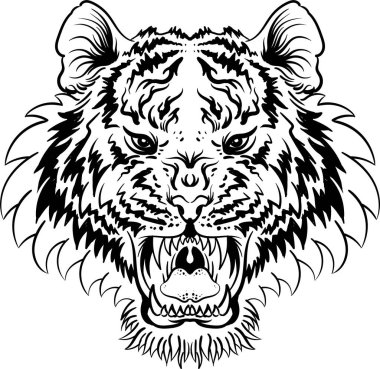 Dövme ya da tişört tasarımı için Vektör logosu kaplanı. Siyah arka planda avlanma tarzı büyük kedi izi. Bu el çizimi siyah kumaş ya da tuval için.