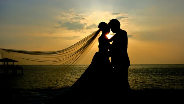 Romantic silhouette of wedding couple at sunset — Stock Photo, Image