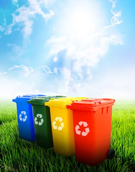 Colorful recycle bins with landscape background — Stock Photo, Image