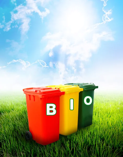 Bio redacción en cubos de reciclaje de colores — Foto de Stock