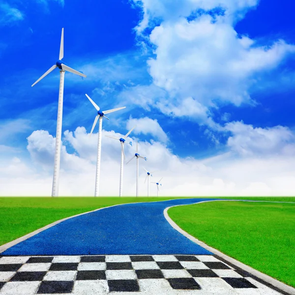 Track with wind turbines generating electricity — Stock Photo, Image