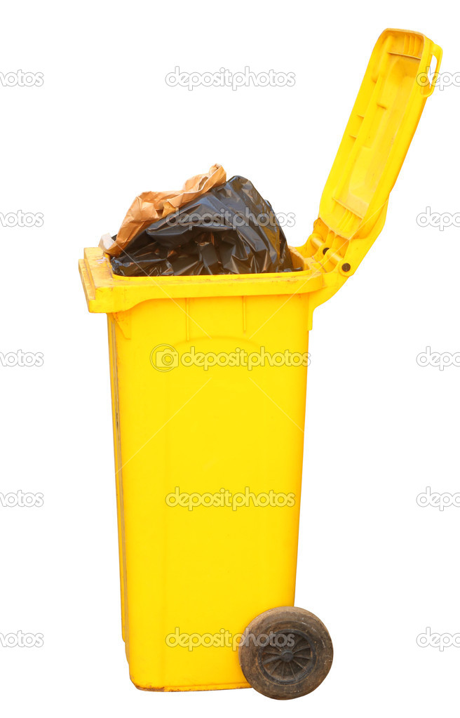 Overflowing yellow recycling bin, clipping path.