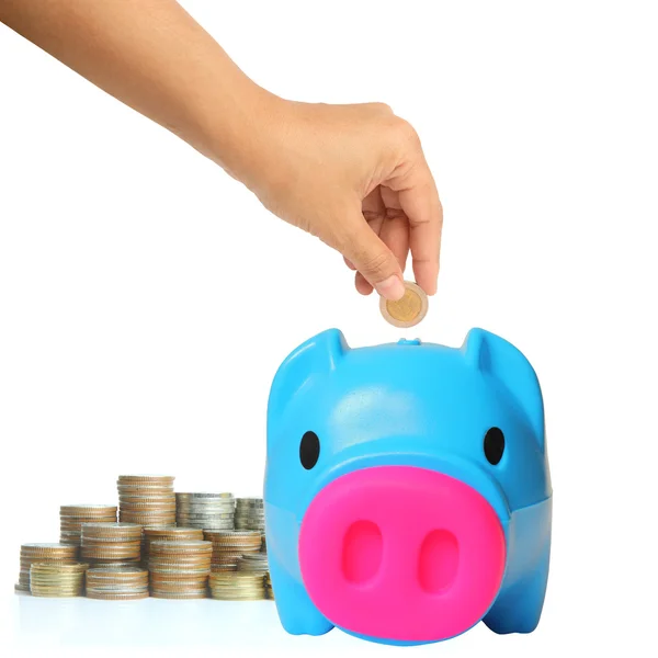 Young hand putting money into saving pig, finance theme — Stock Photo, Image
