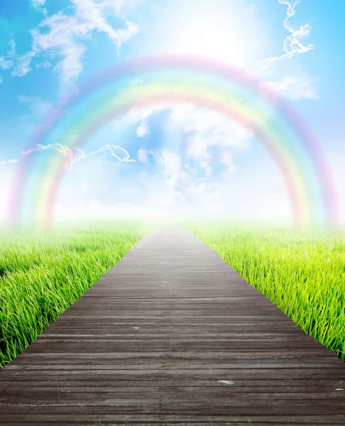 Bridge in summer landscape with rainbow — Stock Photo, Image