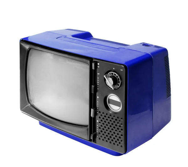 Синій старовинний аналоговий телевізор ізольований відсічним контуром . — стокове фото