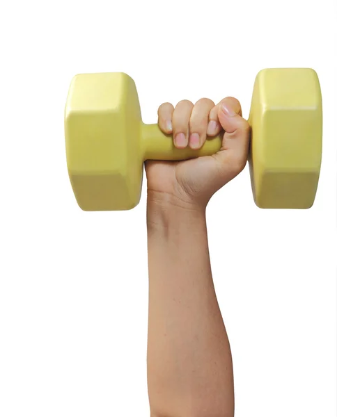 Female hand holding plastic coated dumbell isolated — Stock Photo, Image