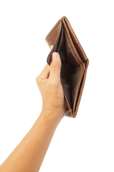 Hand holding empty brown wallet isolated, Bankruptcy concept. — Stock Photo, Image