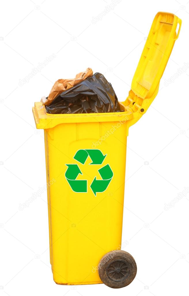 Overflowing yellow recycling bin with green logo, clipping path.