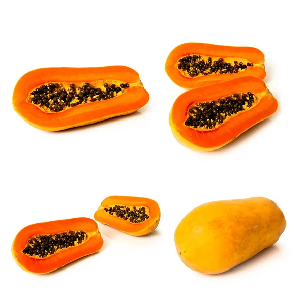 Érett papaya gyümölcs felett fehér szett — Stock Fotó