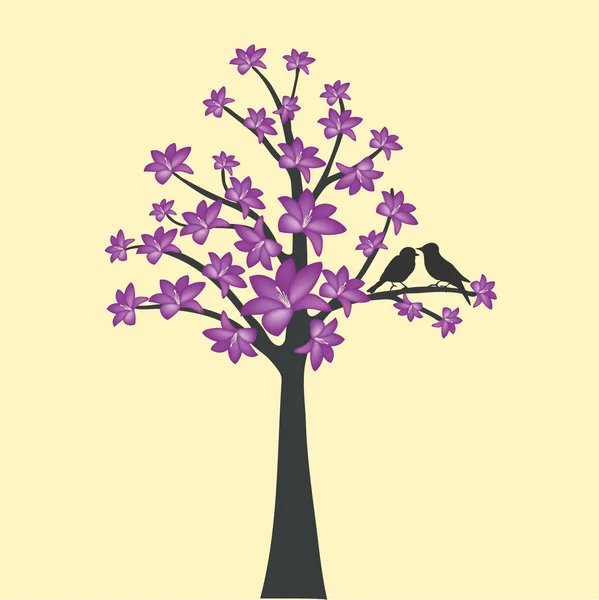 Tarjeta con árbol floral y pájaro de amor — Vector de stock