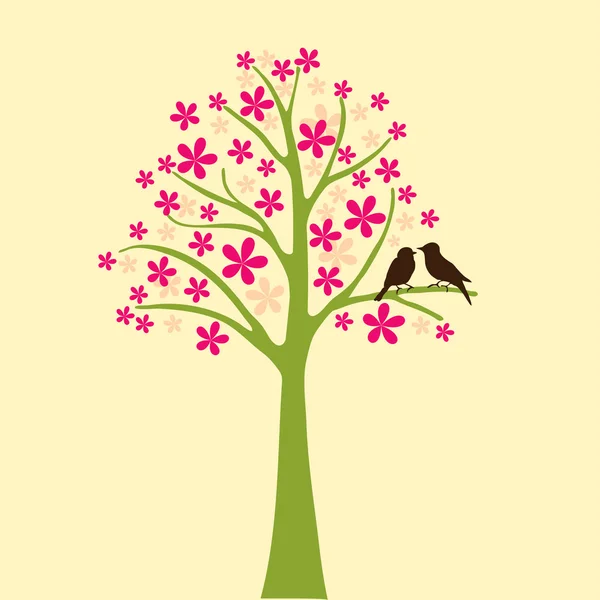 Karta z kwiatów drzewa i miłości ptak — Wektor stockowy