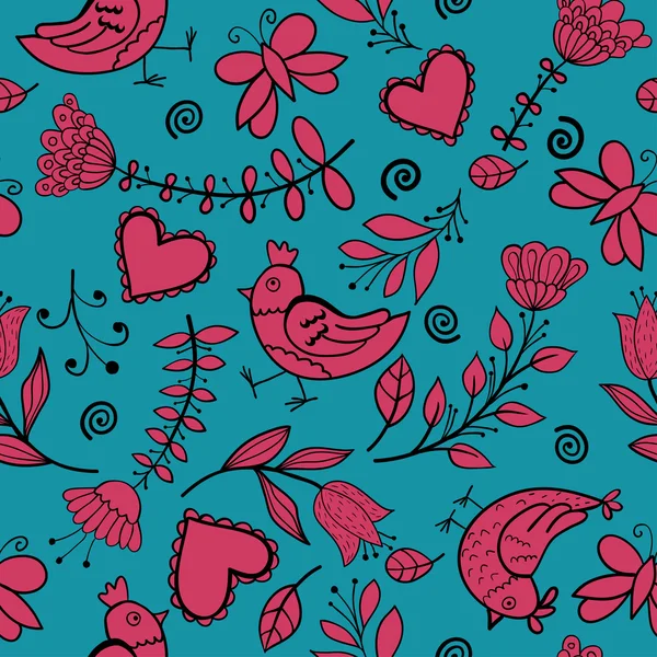 Fleur, coeurs, oiseaux sans couture — Image vectorielle