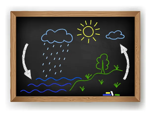 Chalk drawing on a blackboard water cycle — Stock Vector