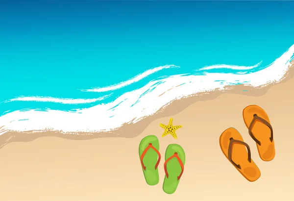 Zapatos de verano y estrellas de mar en la playa, vector — Vector de stock