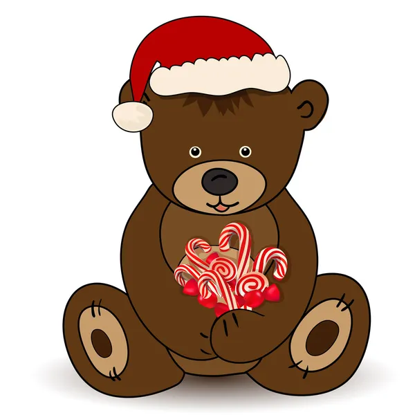 Медведь в шляпе Санта-Клауса держит конфету — стоковый вектор