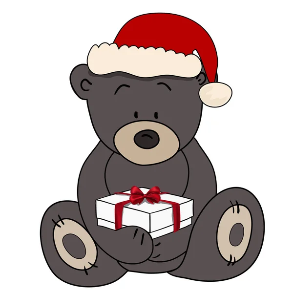 Bear in Santa Claus holding a box present — Stock Vector