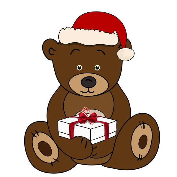 Bear in Santa Claus holding a box present — Stock Vector