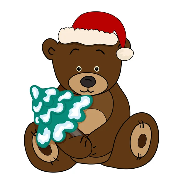 Oso en el sombrero de Santa Claus sosteniendo un abeto — Vector de stock