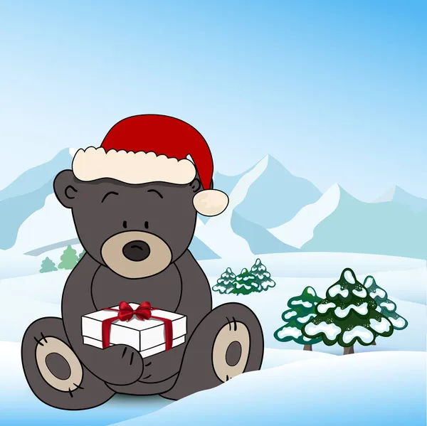 Oso en Santa Claus sosteniendo una caja presente — Vector de stock