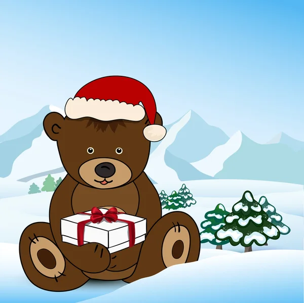 Bear in Santa Claus holding a box present — Stock Vector