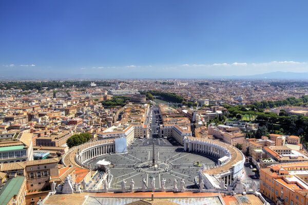 Panoramic view on Saint Peter's Square and Via della Conciliazione from the cupola of Papal Basilica of Saint Peter in Vatican.