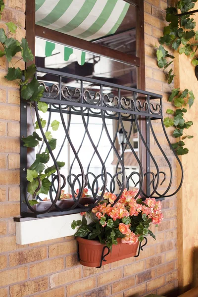 Bunte Fenster mit Blumen auf der Fensterbank — Stockfoto