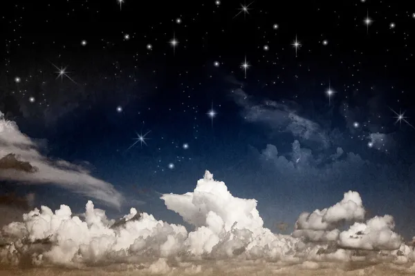 Abstract fantasy night sky with clouds and shining stars textured watercolor paper — Stock Photo, Image