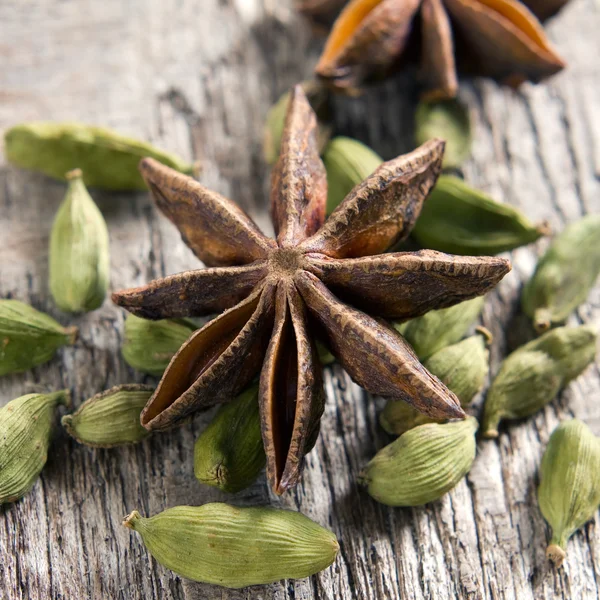 Spezie. Anice stellato, cardamomo — Foto Stock