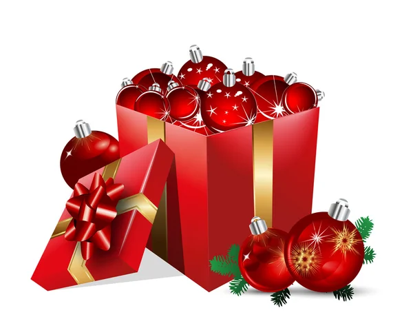 Caja de regalo de Navidad con bolas — Vector de stock