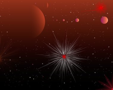 Kırmızı gece gökyüzü starbursts - gezegen sistemi