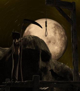 Dolunay ve tırpan tutan dişi bir ölüm meleğiyle ürkütücü bir gecede Gallow. Gallow tabanında bir karga oturuyor - 3D görüntüleme