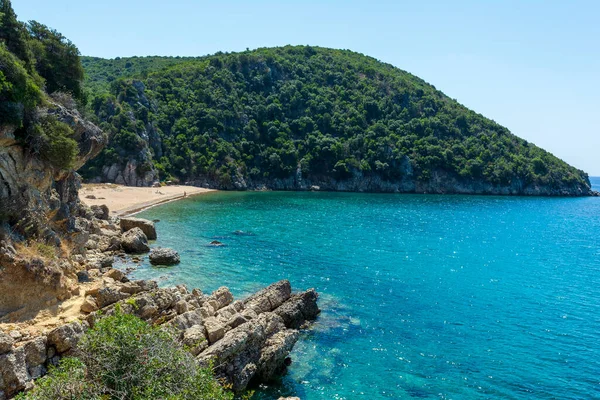 Praia Calma Quente Conhecida Como Kantouni Messinia Grécia Uma Pequena — Fotografia de Stock