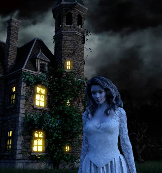 Mulher Fantasma Assustador Uma Velha Casa Assombrada Noite Renderização — Fotografia de Stock